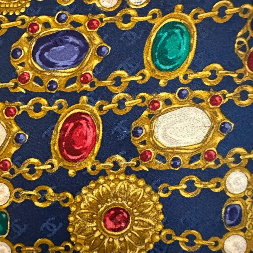CHANEL Silk Chain Color Stone Scarf Navy Blue CC Coco Mark Logos COA w/ Box - Picture 7 of 14
